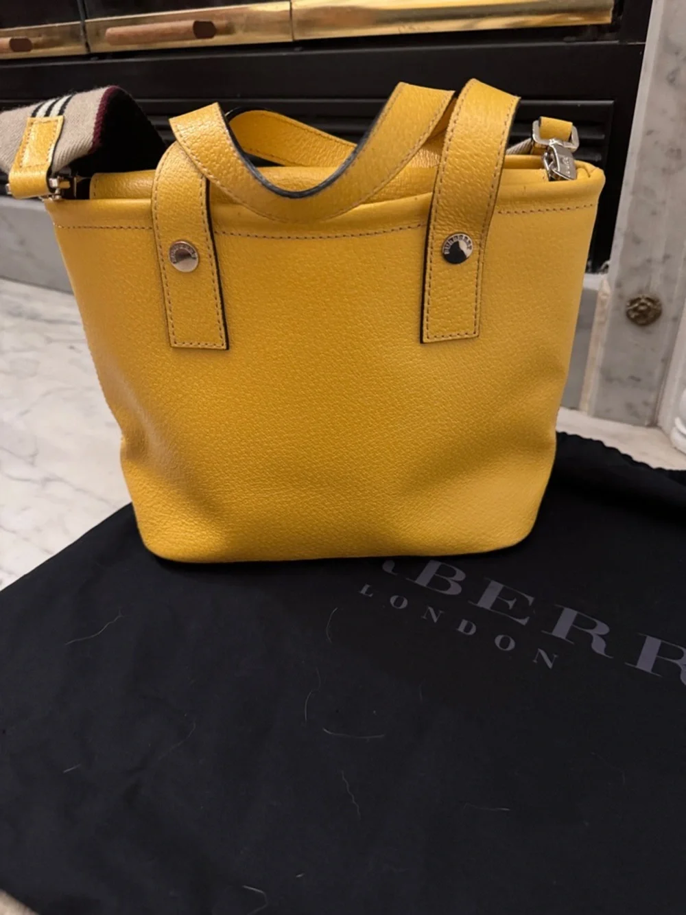 Burberry Yellow Pebbled Leather Mini Bag with Striped Strap - Picture 9 of 13
